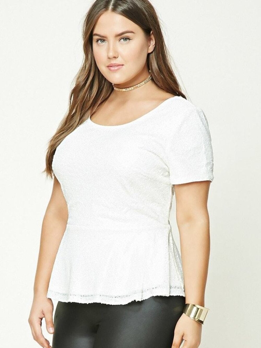 FOREVER 21+ Plus Size White Sequin Peplum Top Short Sleeves 0X/2X
